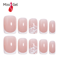 32 faux ongles carrés courts en ABS, motif dentelle française blanche, imperméables, personnalisables, couleur nude rose