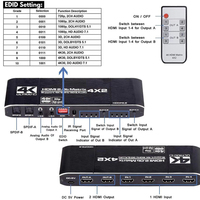 Justlink 4K 60hz Commutateur matriciel HDMI double audio 3D Convertisseur HDCP2.2 4x2 Boîte de séparation noire avec télécommande et EDID