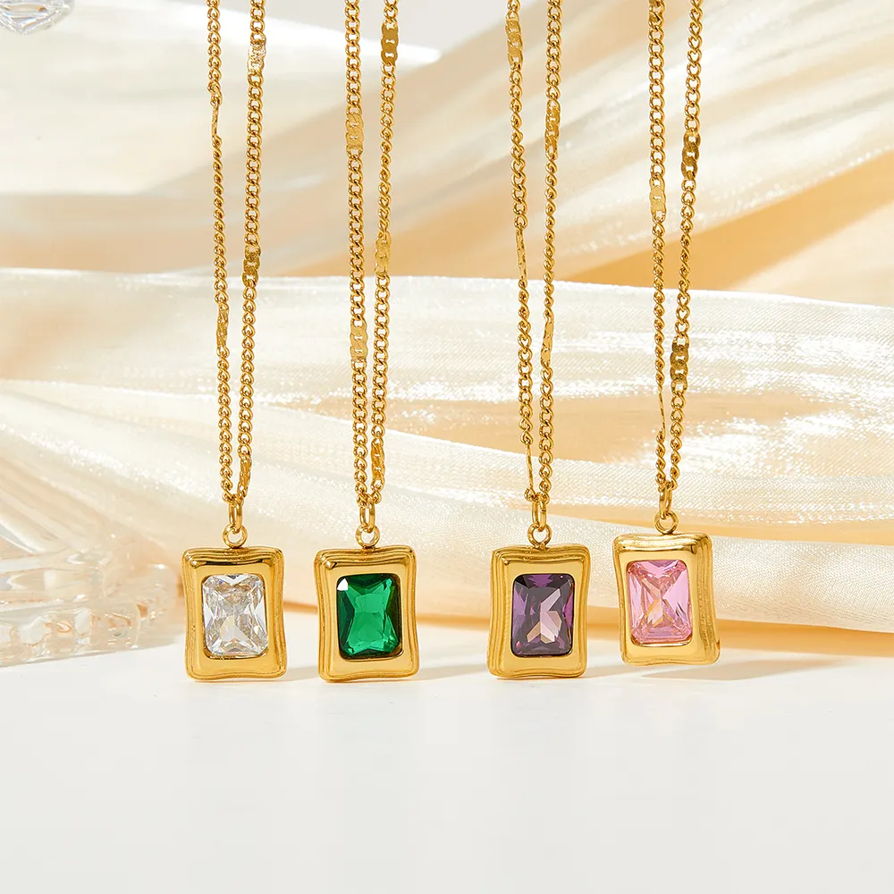 14k Gold Jewelry Square Gemstone Jewelry Stainless Steel Emerald Cubic Zirconia Pendant Necklace