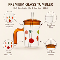 Tasse en verre artisanale ludique de 500 ml sans BPA à pois avec poignée ambrée, couvercle et paille pour boissons chaudes/froides, café et thé, compatible micro-ondes