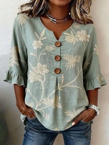 Women's 2025 Spring/Summer Wholesale New European and American Women's V-neck <b>Linen</b> Cotton Button <b>Top</b> - Product Image 2