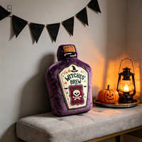 Coussin en peluche doux en forme de bouteille de potion de sorcière violette avec étiquette brodée, décoration d'Halloween pour la maison