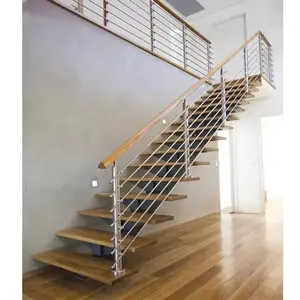 橡木台阶楼梯带发光二极管灯碳钢单梁U形楼梯带玻璃栏杆待售