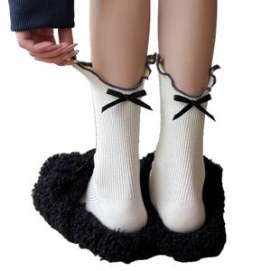 2025 Jingwen ถุงเท้าผูกโบว์สำหรับผู้หญิงถุงเท้าแบบเย็บปักสองชั้นป้องกันการเย็บปักถุงเท้าหุ้มข้อครึ่งน่องถุงเท้าซ้อนสีทึบ - Product Image 6