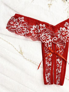 String pour femme, broderie florale romantique, entrejambe ouvert, dentelle transparente, nœud, confortable, sexy, sans couture, nylon/spandex - Product Image 3