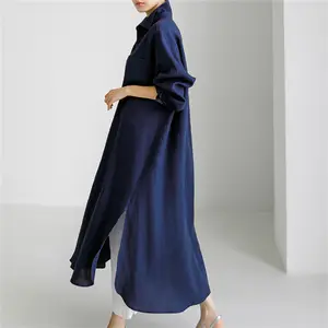 Cor sólida manga comprida algodão camisa de linho comprimento do joelho Midi Split Irregular tamanho grande solto Casual vestidos