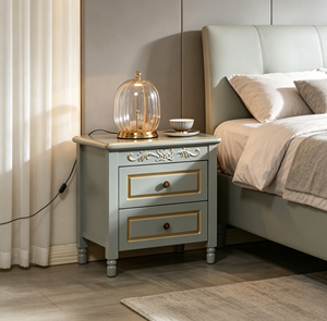 Elegant Gray Modern Farmhouse Style Nightstand with Gold Trim and Carved Details Two-Drawer Design for Bedroom Decor - Product Image 5