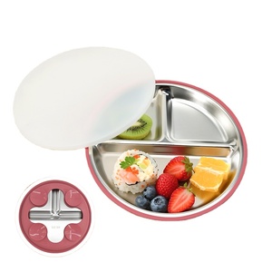 Grande assiette à dîner pour bébé non toxique en acier inoxydable 304 avec base d'aspiration en silicone et couvercle - Product Image 5