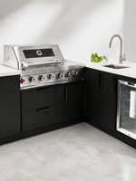 Cuisine extérieure modulaire en forme de L en acier inoxydable, barbecue compact à gaz 5 brûleurs écologique avec évier et réfrigérateur à boissons, îlot BBQ