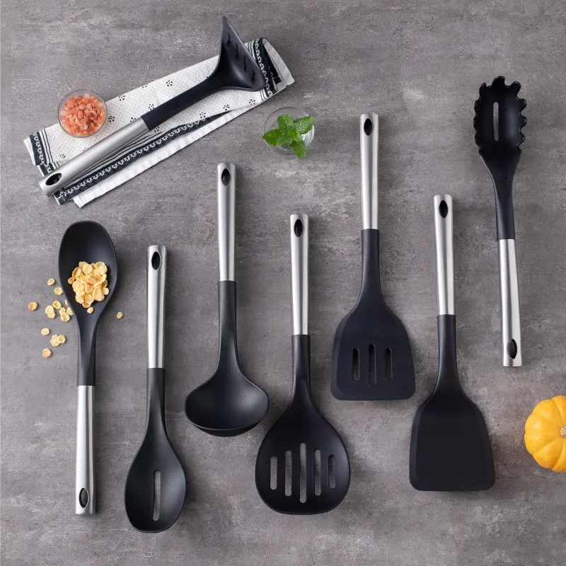 Utensílios de cozinha de nylon, 8 peças, pp, 430, alça de aço inoxidável, conjunto de panelas para fritar, colher de sopa