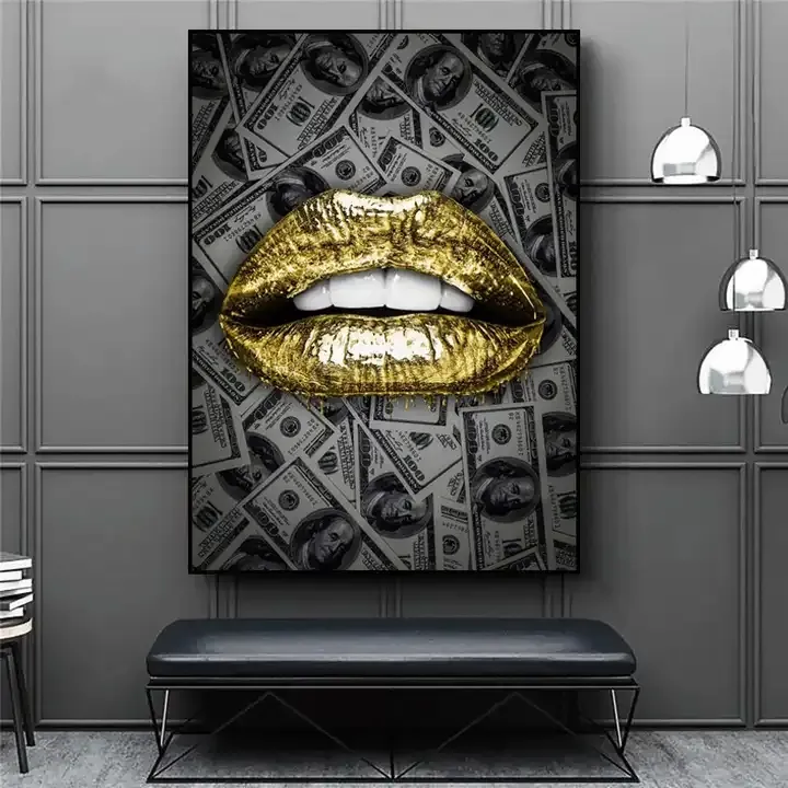 Абстрактные Золотые губы Художественная Картина на холсте деньги доллары мотивационные настенные плакаты с принтами настенные картины для домашнего декора Cuadros