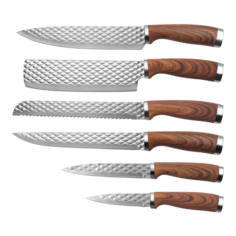 5PCS Aço Inoxidável Lâmina Sharp com elegante Padrão Diamante 3D Madeira Handle chef cozinha Knife Set