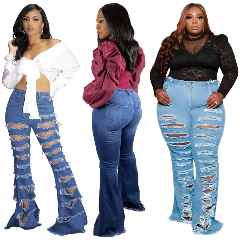 High Waist Ripped Flared Grande Taille Pantalon Jeans Pour Femme En Gros Plus La Taille