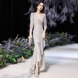 Mermaid Evening Gown Silver <b>Sequins</b> V-Neck Asymmetric Elegant Dress For Coming Of Age Ceremony - Product Image 1