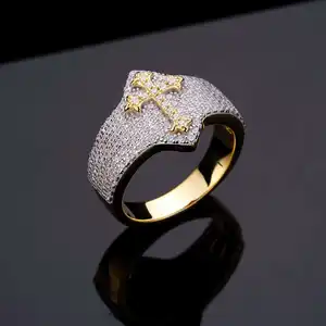 Hot Sale Hip Hop Fashion Jewelry 14K Gold 925 Silver Micro Pave CZ Iced Out Moissanite Gothic Cross Ring
