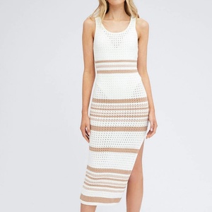 ผู้ผลิตเสื้อถัก ชุดเดรสไหมพรมถักสำหรับผู้หญิง ทรงยาวเข้ารูป เซ็กซี่ ลายทางสีสันสดใส สไตล์วันหยุดฤดูร้อน แบบสั่งทำพิเศษ - Product Image 1