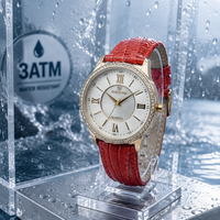 Montre en or pour femme, lunette en cristal, cadran MOP, bracelet en cuir de vache orange, mouvement à quartz Miyota, résistance à l'eau 3BAR, 36 mm, chiffres romains