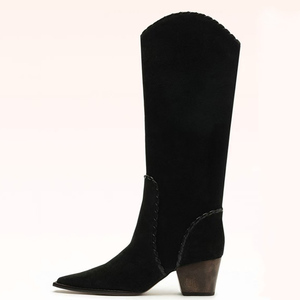 Femmes String Tangled High Chunky Wedge Heels Shoes Pointed Toe Suede Knee High Boots V-shaped Top Slip on Long Boots - Product Image 2