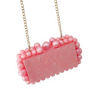 Bolso de Mano de Resina Rosa con Diseño Rectangular de Perlas y Cadena, Elegante Bolso de Fiesta - Product Image 1