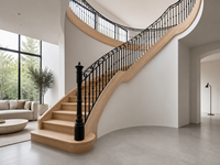 Escalier Courbé avec Marches en Bois Massif, Balustrade en Fer Forgé, Escalier Intérieur de Villa, Rampe en Bois Moderne, Garde-Corps d'Escalier