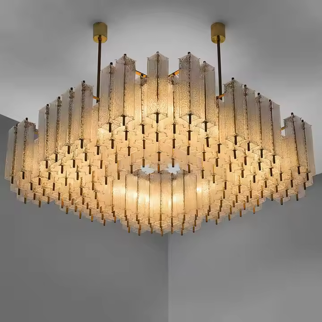 Luxury Large Square Glass Chandelier Pendant Lighting Stainless Steel Glass Chandelier Blown Murano Chandelier Ceiling Lamp