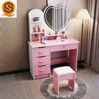 Coiffeuse de bonne qualité avec miroir et tiroirs, chaise de coiffeuse rose pour enfants, coiffeuse avec lumière LED