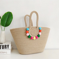 Sac Fourre-Tout Grande Capacité pour Femme, Nouveau Style Transfrontalier, Fait Main en Corde de Coton Tressée, Paille, Balle de Fourrure, Fermeture Bonbon, Idéal Voyage et Plage