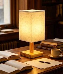 مصباح طاولة مربع بتصميم بسيط مع غطاء من الكتان وقاعدة خشبية صلبة، مصباح مكتب جانبي لغرفة النوم والفنادق والإقامات المنزلية، إضاءة ليلية للقراءة - Product Image 3