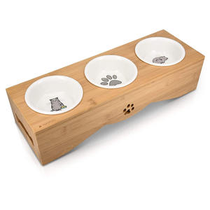 Doubles bols en céramique antidérapants pour chiens et chats, 12 pièces, en bambou, pour animaux domestiques, avec support en bois, vente en gros - Product Image 1