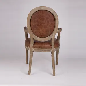 Chaise de salle à manger en cuir de chêne véritable marron de style ancien rétro américain