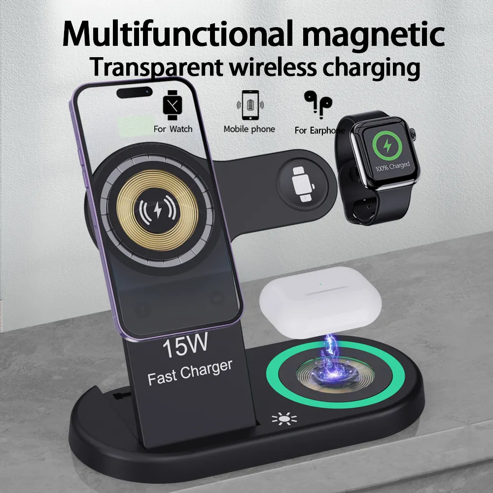 15W Fast Charge Magnetic Folding 3 in 1 Wireless Charge For iPhone15 14 13 Apple Watch9 8 7 6 5 Airpods Samsung Galaxy