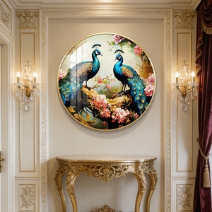 Personalización de Arte Mural 3D, Decoración de Pared para Sala de Estar, Pintura Circular de Pavo Real en Porcelana de Cristal con Luces LED - Product Image 3