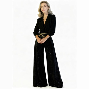 Ensemble pantalon large et chemise élégante à col en V pour femme, manches longues, coupe ajustée, sequins, satin anti-plis, blanc et noir - Product Image 3