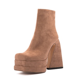 Botas cortas de cuero de ante hechas a mano para mujer, zapatos de tacón alto grueso con plataforma y punta cuadrada, cremallera lateral en el tobillo, color sólido, talla 43 - Product Image 4