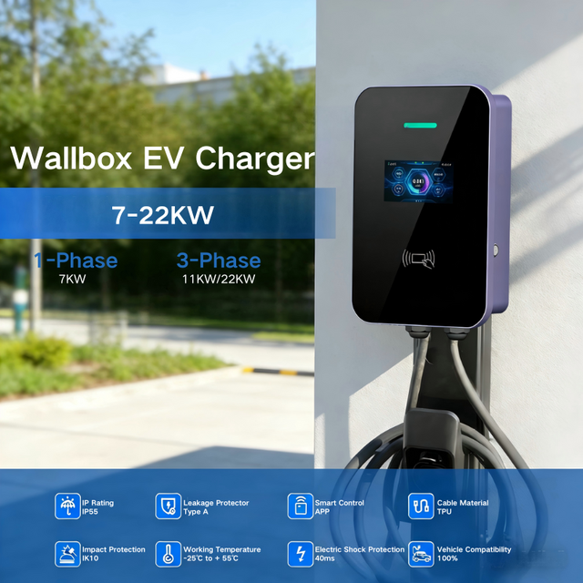 Electric Car Charger 230V/380V 22kW 7KW 16A 32A AC Wallbox Home Ev Charging Station Type 2 New with 3.2 Inch Lcd Display