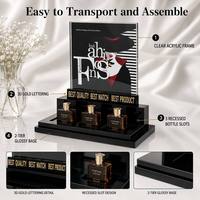 Présentoir à parfum en acrylique noir brillant à 2 niveaux, cadre artistique transparent avec 3 emplacements encastrés pour bouteilles, support de comptoir avec lettres dorées 3D
