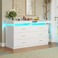 Commode bébé blanche haute brillance commode avec lumière led pour chambre à coucher, commode 6 tiroirs haute brillance avec rangement