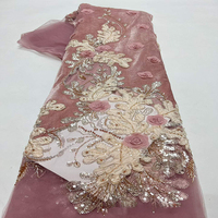 Tissu en dentelle 3D tricoté à motifs floraux avec broderie de perles et de sequins, respirant et infroissable, pour robes de mariée et accessoires vestimentaires féminins