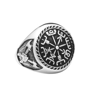 yunnique Stainless Steel Men's Round Compass <b>Ring</b> With Viking Symbol Geometric Design For Gift Jewelry - Product Image 5