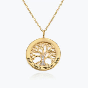 <span class=keywords><strong>Collier</strong></span> pendentif <span class=keywords><strong>arbre</strong></span> <span class=keywords><strong>de</strong></span> <span class=keywords><strong>vie</strong></span> personnalisé plaqué or avec gravure <span class=keywords><strong>de</strong></span> 1 à 6 noms, creux, avec CZ, cadeau familial, bijoux - Product Image 1