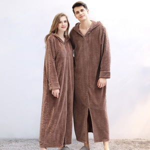 Robe de nuit élégante et décontractée pour femme, style français, à fermeture éclair, couleur café, à capuche, en polaire gaufrée, épaisse, en flanelle, thermique et respirante - Product Image 1