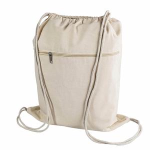 Eco Sports Fitness Outdoor Hiking With Zipper Front Pocket <b>Canvas</b> <b>Backpack</b> Recycled Cotton Drawstring Bag - Product Image 1