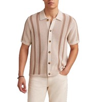 Kemeja Viscose Berkualitas Tinggi Oscar untuk Pria, Bergaris Modis, Rajutan Anti Kusut, Lengan Pendek, Kasual Retro, Kerah Lapel, Kancing