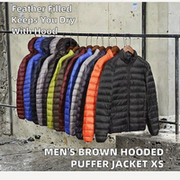 Veste matelassée décontractée pour homme en duvet de canard brun uni teint en 2026, vente en gros, col montant, hiver, capuche, rembourrage en polyester, taille XS