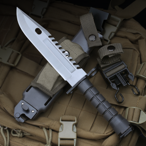 Cuchillo de Caza de Acero Inoxidable con Mango de Madera, Hoja de Punta Caída, Borde Recto, Funda de Cuero de Grado Industrial - Product Image 1