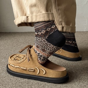 Suede Mules With Embroidered Bamboo Pattern Lace-Up <b>Closed</b> <b>Toe</b> Casual Anti-Slip Rubber Out sole All Seasons <b>Sandals</b> - Product Image 4