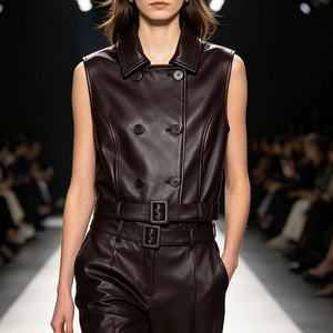 <span class=keywords><strong>Gilet</strong></span> slim en cuir de mouton tanné végétal avec ceinture et revers pour femme, collection Printemps 2026, modèle HN6146-1 - Product Image 3