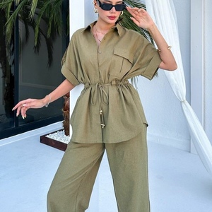 Women's Workwear Style Drawstring Pocket Short-sleeve Shirt and <b>Pants</b> Casual 2-piece Set Fashion - Product Image 2