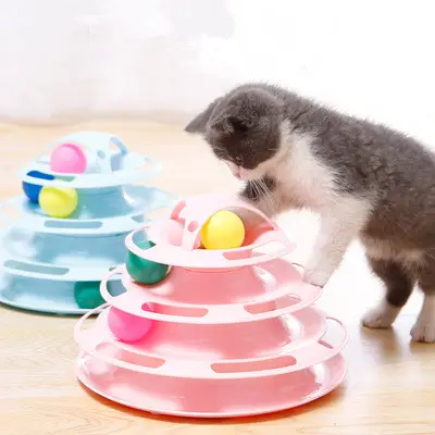 لعبة القط مضحك 4 طبقات لعبة القط التفاعلية سعيد دائرة الدوار المسار البلاستيك القرص تتحرك كرات الحيوانات الأليفة هريرة برج
