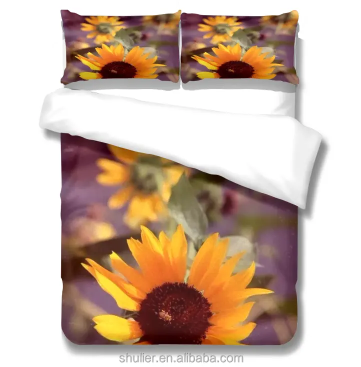 Custom 3D digital printed yellow sunflower designed bedding sets three piece duvets sets